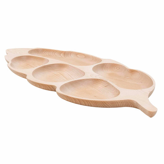 Platou pentru servire, din lemn de fag, in forma de frunza urias, 5 compartimente, 71x32cm / EXT 6177