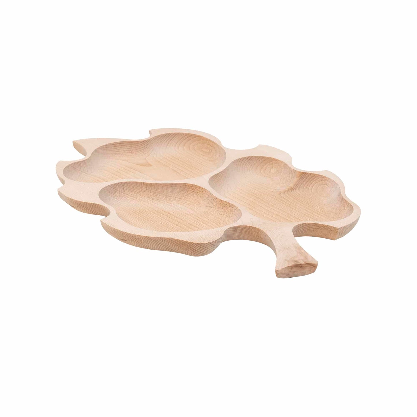 Platou pentru servire, din lemn de fag, in forma de frunza stejar mare, 3 compartimente, 52x38cm / EXT 6178