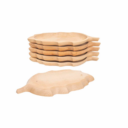 Set 6 farfurii din lemn de fag, forma frunza, 34x18cm / EXT 6179
