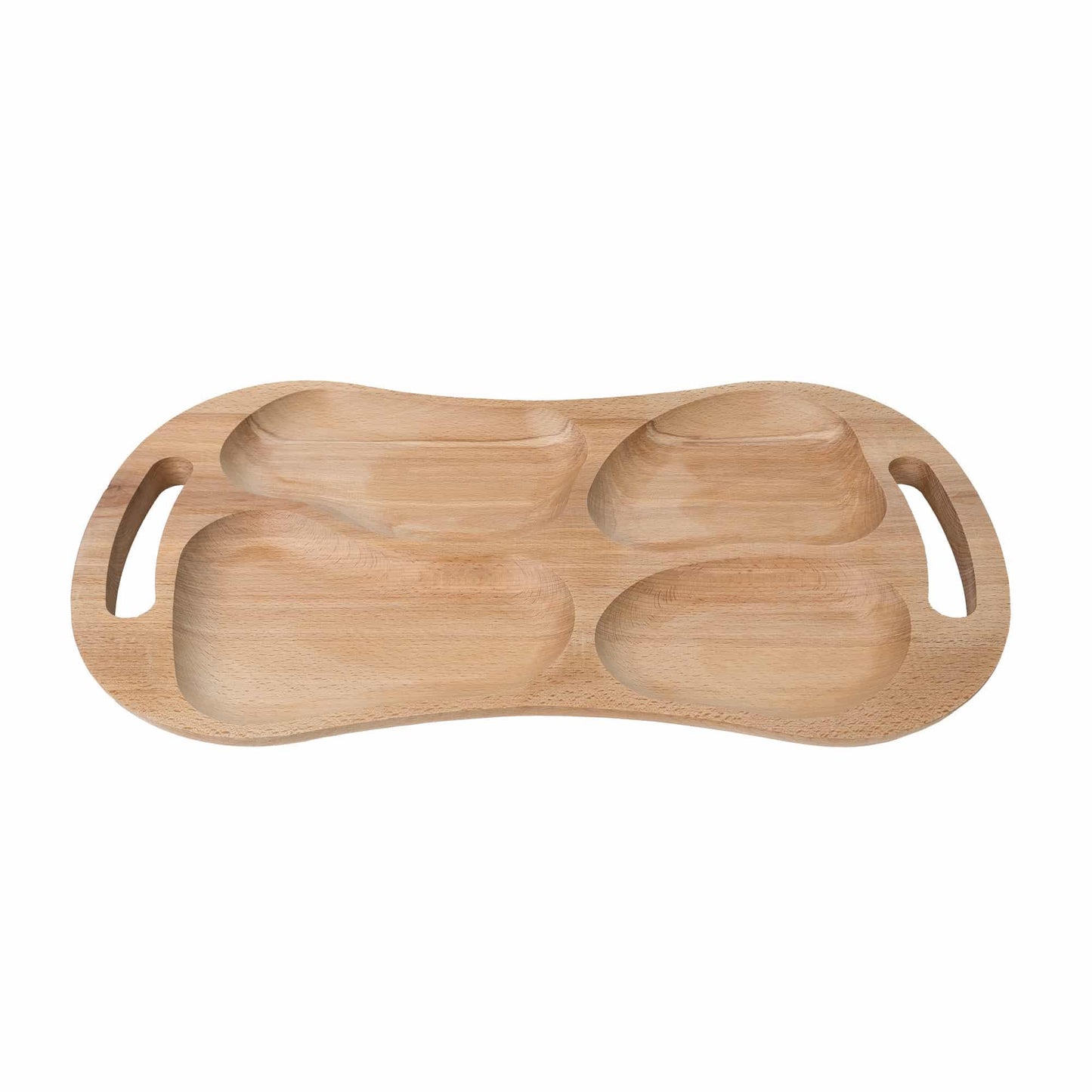 Tava asimetrica pentru servire, din lemn de fag, cu 4 compartimente si manere, 60x33cm / EXT 7021 - 221.ro