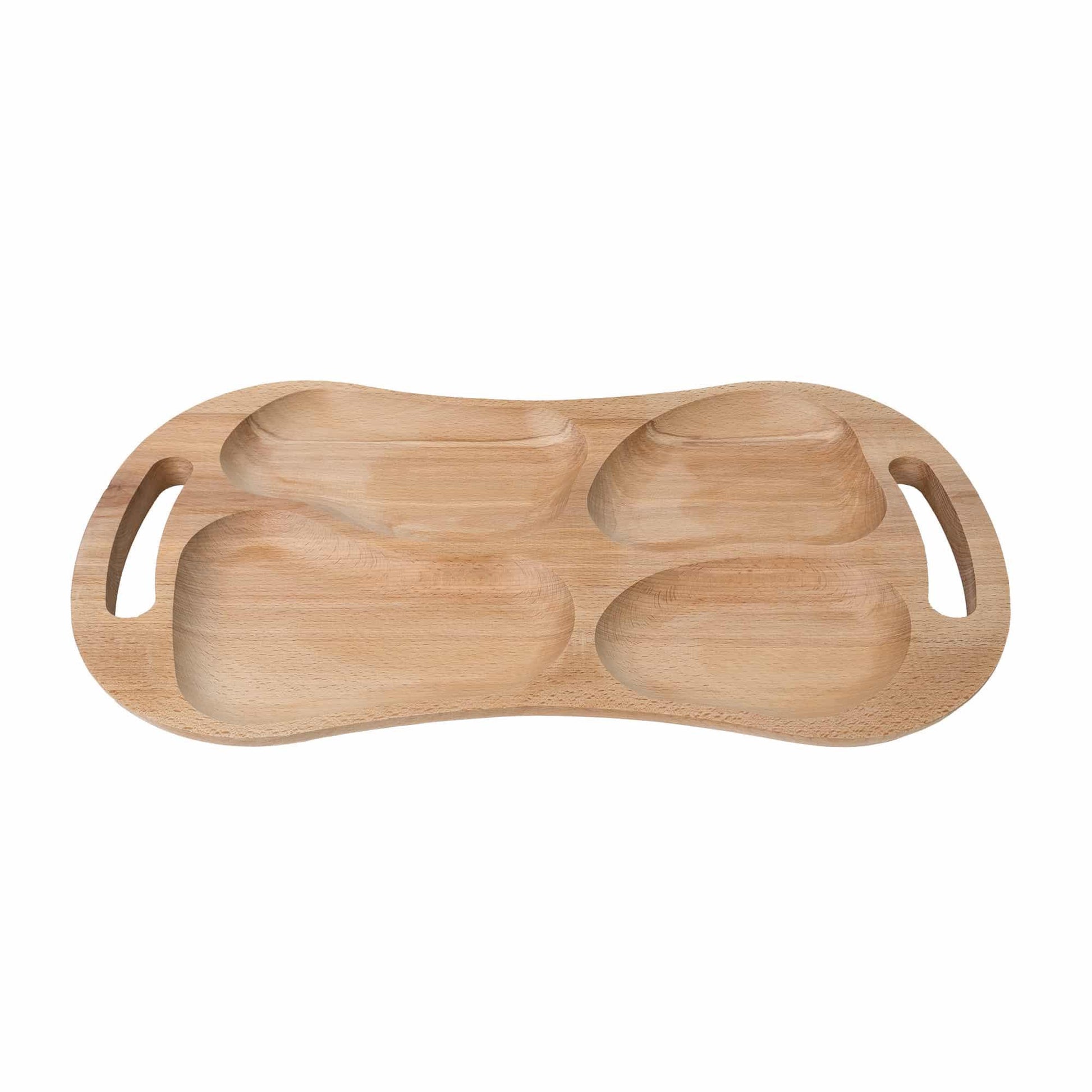 Tava asimetrica pentru servire, din lemn de fag, cu 4 compartimente si manere, 60x33cm / EXT 7021 - 221.ro