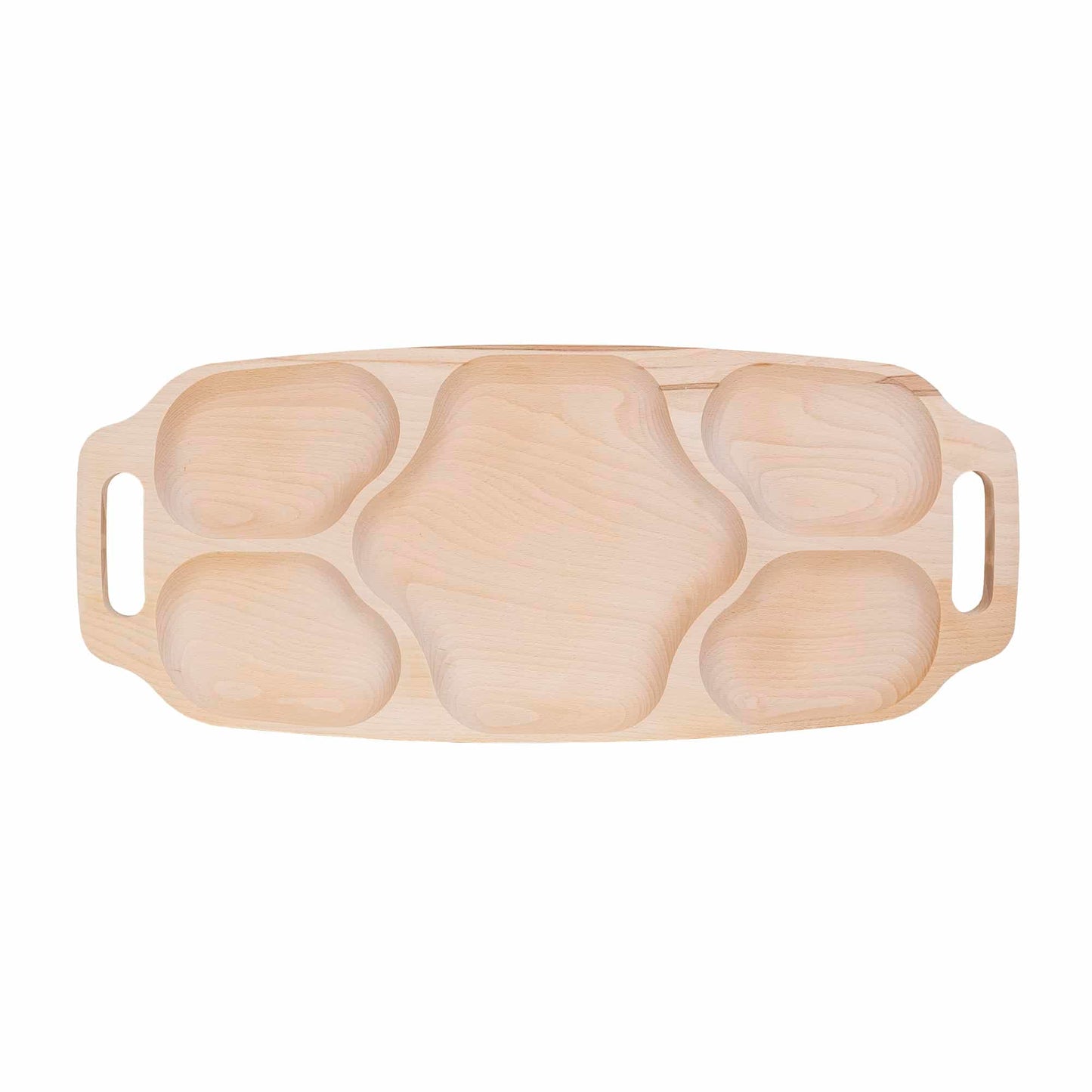 Tava asimetrica pentru servire, din lemn de fag, cu 5 compartimente si manere, 70 x 30 x 3cm / EXT 7186