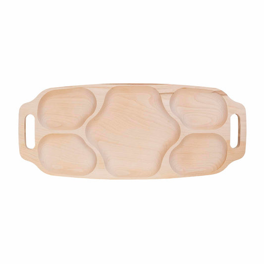 Tava asimetrica pentru servire, din lemn de fag, cu 5 compartimente si manere, 70 x 30 x 3cm / EXT 7186