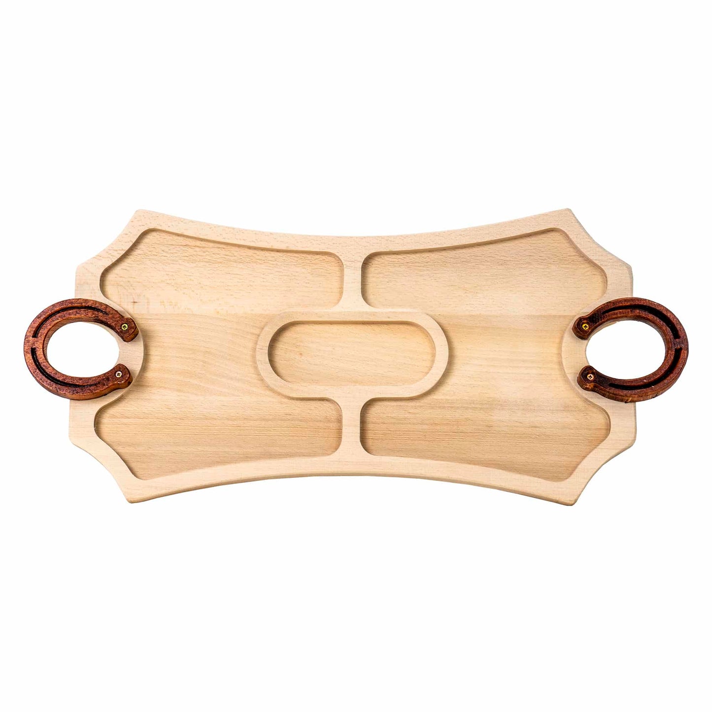 Platou de lemn, compartimentat cu maner potcoava 56x25.5cm / EXT 7215