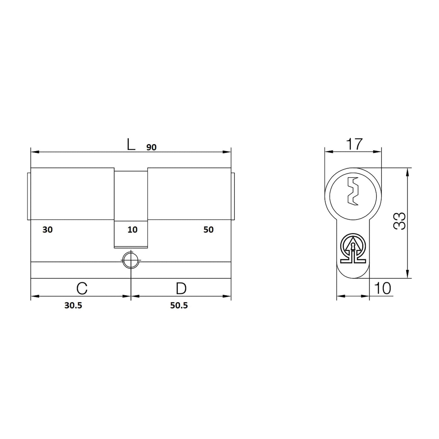Cilindru Feroneria 90 mm 3 chei 30/50  blister inegal