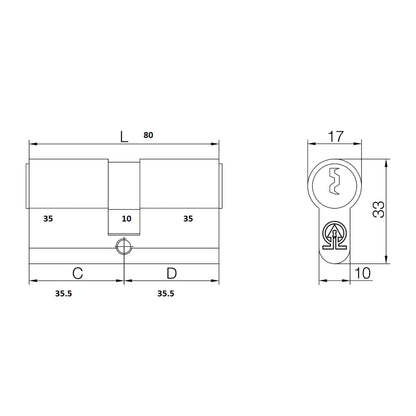 Cilindru Feroneria 80 mm 3 chei 35/35  blister  egal