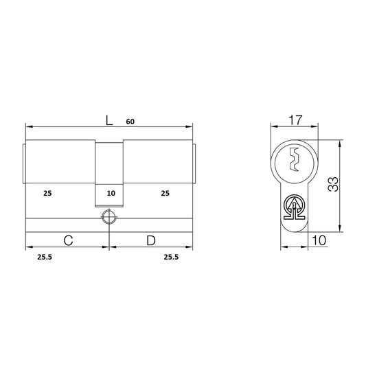 Cilindru Feroneria 60 mm 3 chei 25/25  blister  egal