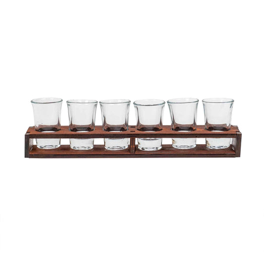 Set 6 pahare de shot cu suport din lemn dreptunghiular, 50ml / EXT 9932 - 221.ro