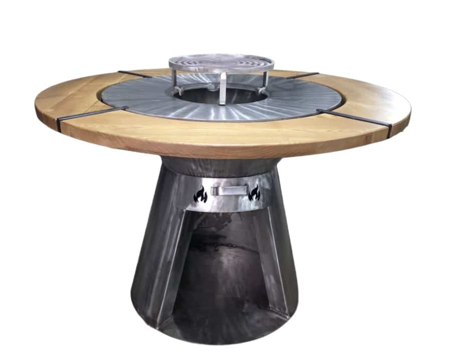 Grătar con cu plită rotundă din inox, 850 mm, înălțime 950 mm, blat de lemn frasin / EXT9065