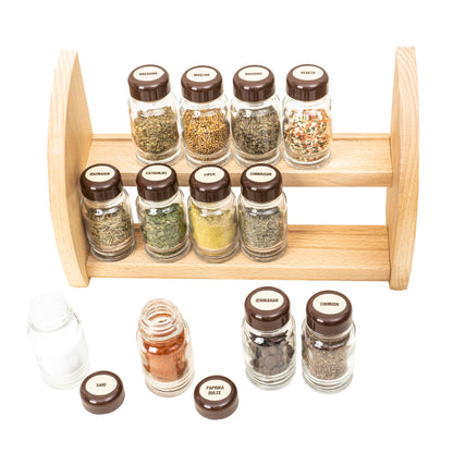 Set 12 sticle condimente cu suport din lemn, 30x18x12cm, Z-TOOLS / EXT9958