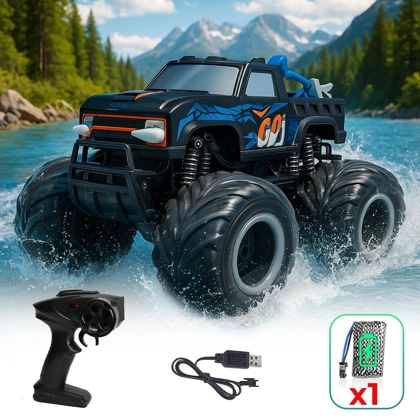Masina cu telecomanda RC Timebox, 1:16, 4x4, Monster Truck, Negru/Albastru