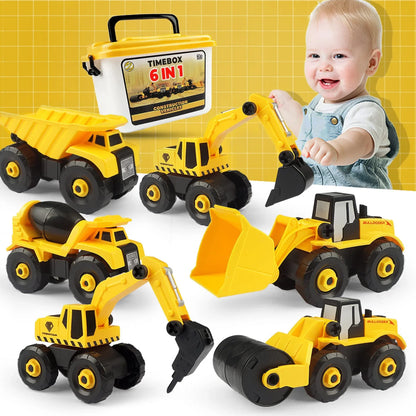 Set 6 in 1 Masini de Jucarie Timebox, Demontabile Buldozer, Betoniera, Galben