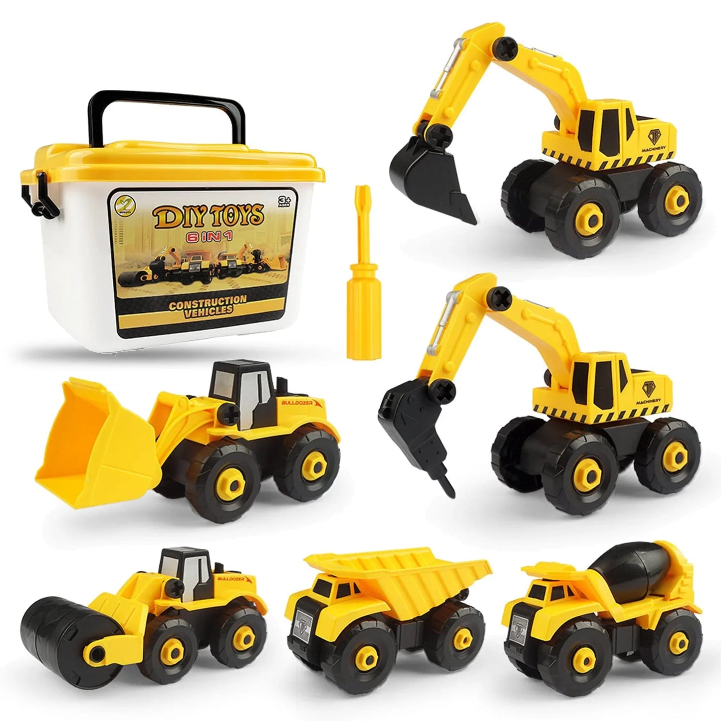 Set 6 in 1 Masini de Jucarie Timebox, Demontabile Buldozer, Betoniera, Galben