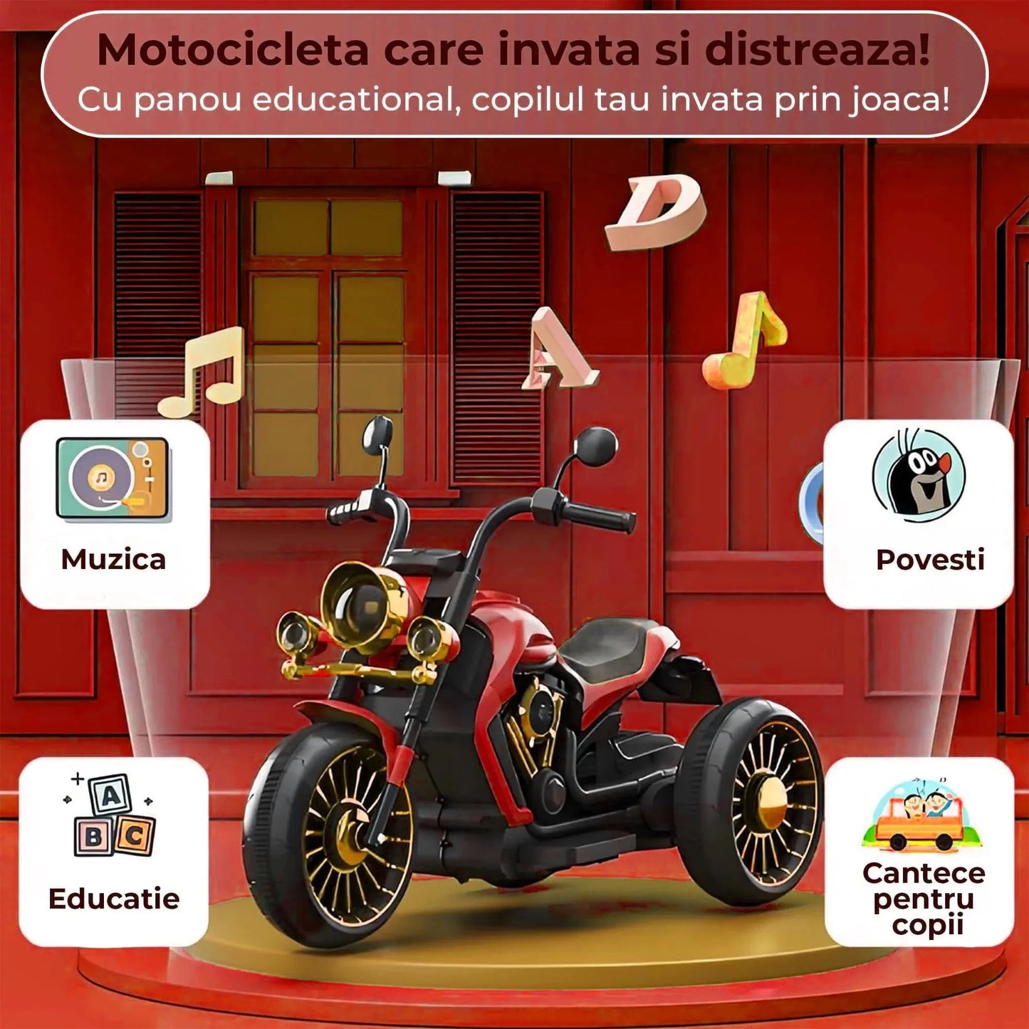 Motocicleta electrica Timebox, Functie mers inainte/inapoi, Faruri, Claxon, Rosu