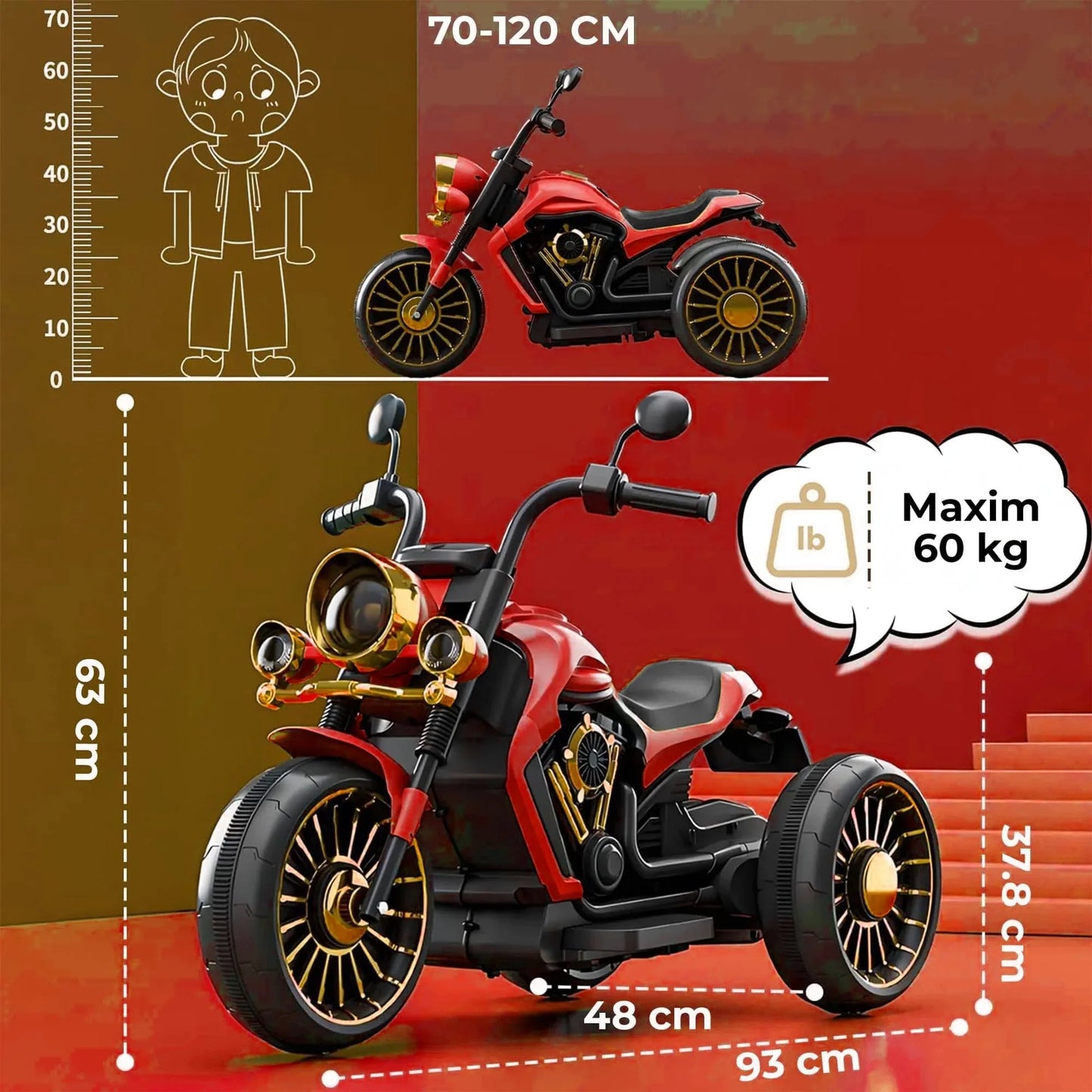 Motocicleta electrica Timebox, Functie mers inainte/inapoi, Faruri, Claxon, Rosu