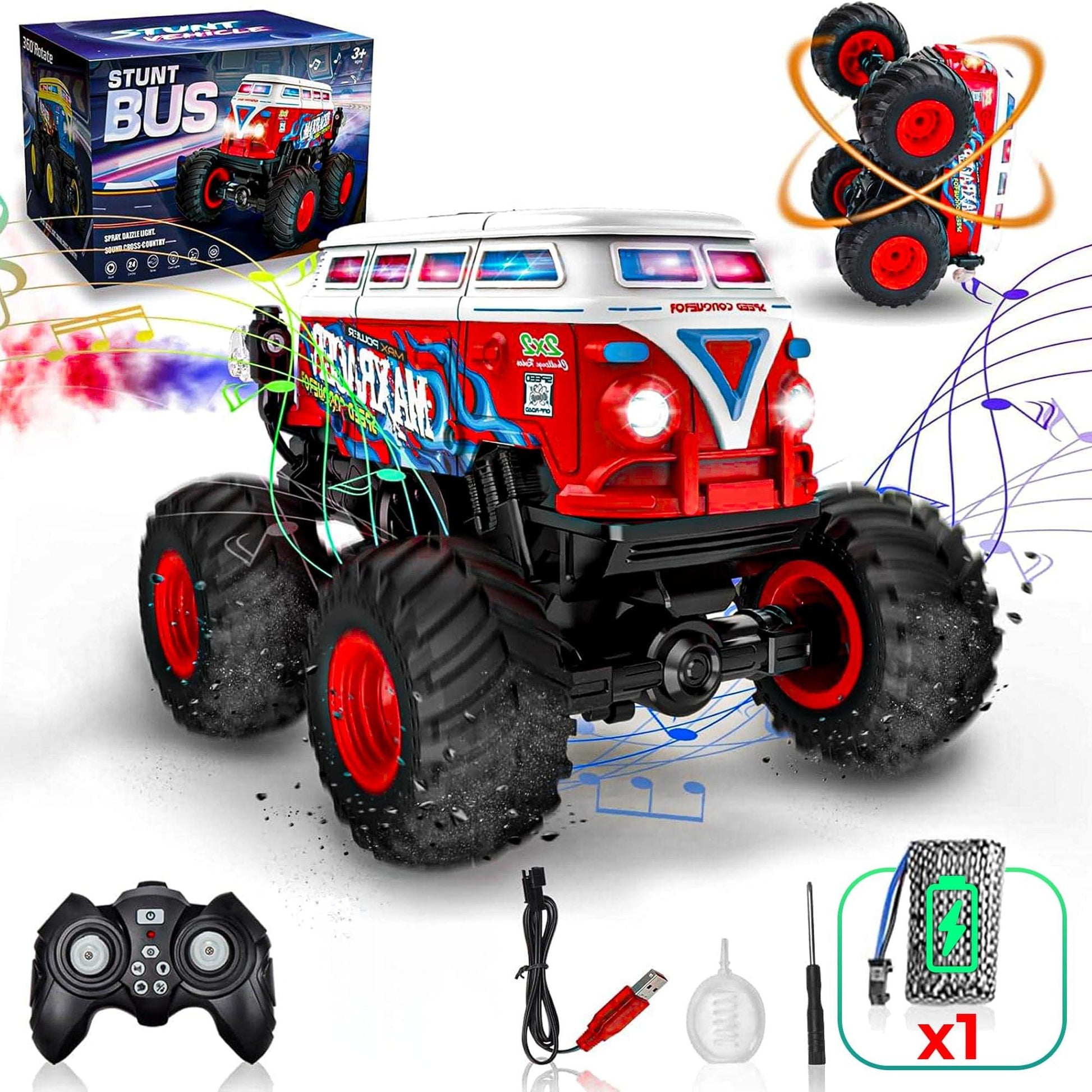 Masina cu Telecomanda Timebox Tip Autobuz Scolar, Scara 1:20, 4x4, Drift 360°, Flip 90°, Efect Spray, LED-uri, Muzica si o Baterie tip acumulator reincarcabila, Jucarie Cadou pentru Copii 3+ Ani, Rosu - 221.ro