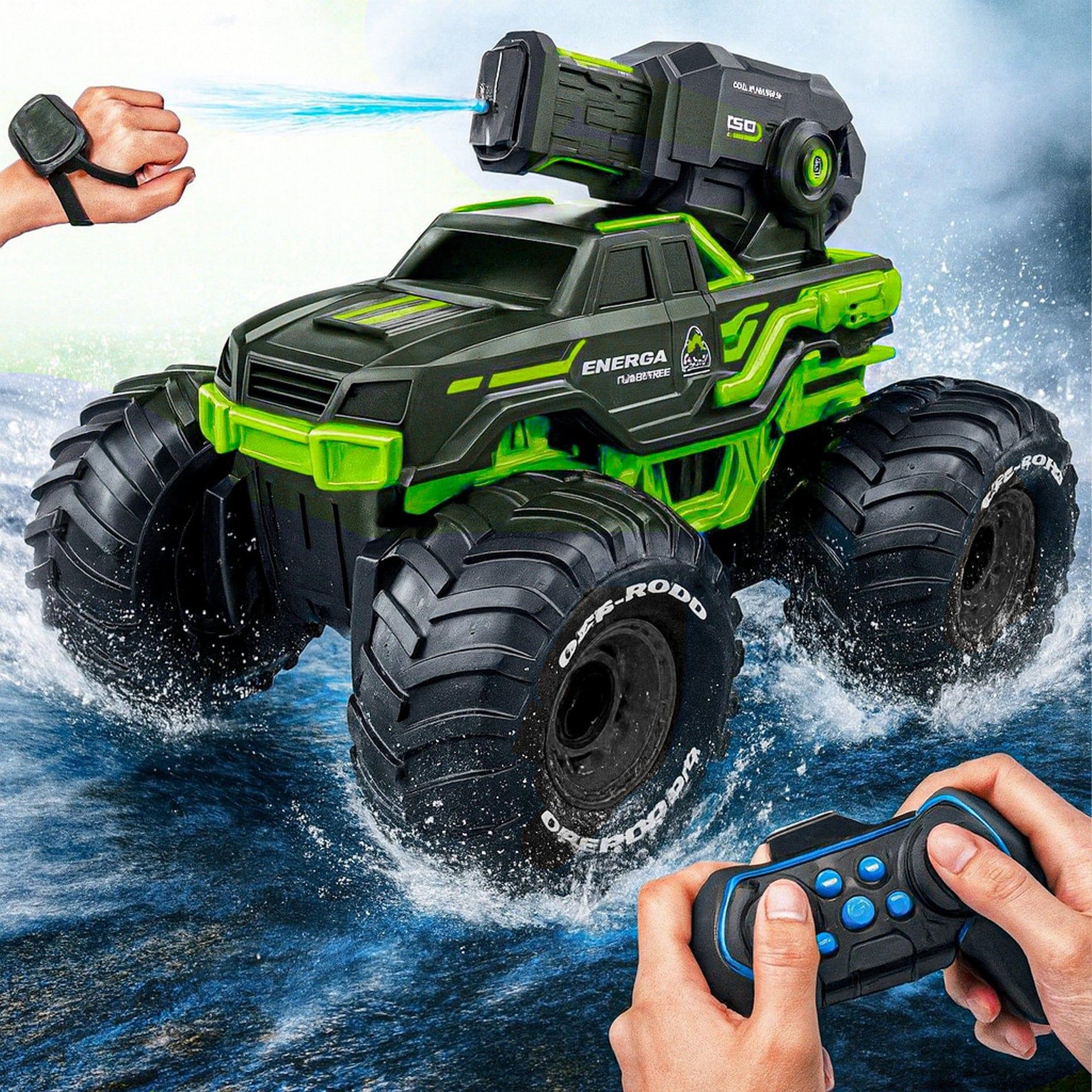 Masina RC 3-in-1 Timebox cu Jet de Apa si Control prin Gesturi – Monster Truck Stunt Off-Road & Barca Telecomandata 4x4, Rotatie 360°, Rezistenta la Apa, Cadou Interactiv pentru Copii 6-12 Ani, Verde - 221.ro