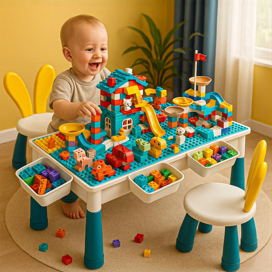 Masa Multifunctionala cu Piese Compatibile Lego Duplo – Set 61x41cm cu 276 Piese, 1 Scaun, Masa de Joaca si Invatare pentru Copii, Ideal pentru Constructii DIY, Interior sau Gradinite - 221.ro