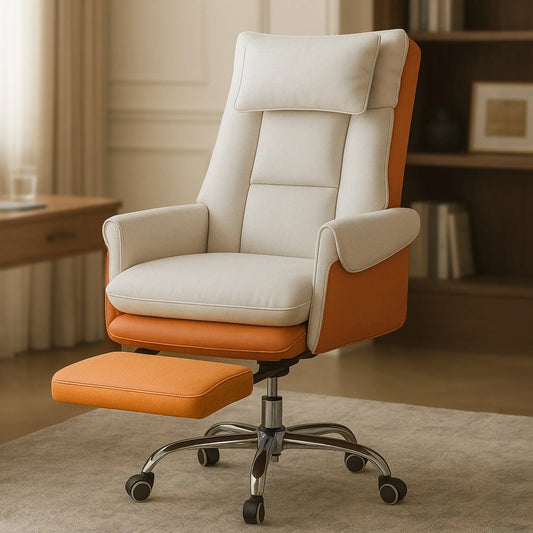 Scaun Birou Timebox cu Suport pentru Picioare – Spatar Inalt, Piele Ecologica, Reglaj Inclinare 90°–135°, Cotiere Captusite si Cadru Metalic Rezistent, Design Modern pentru Confort Executiv, Bej - 221.ro