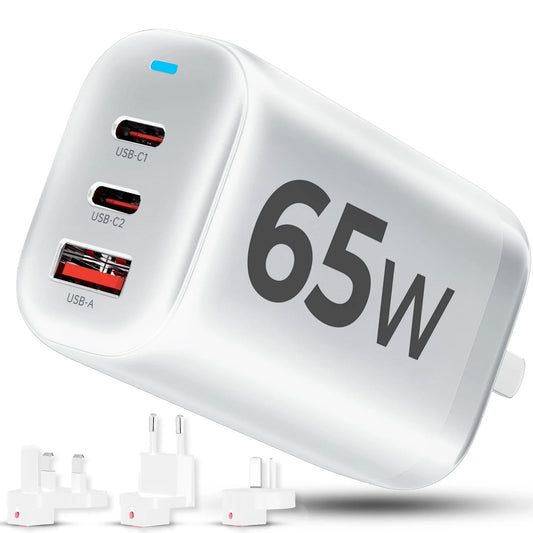 Incarcator Retea, 3 porturi, 65W, 18 W Incarcare Rapida - USB, Priza EU, Alb