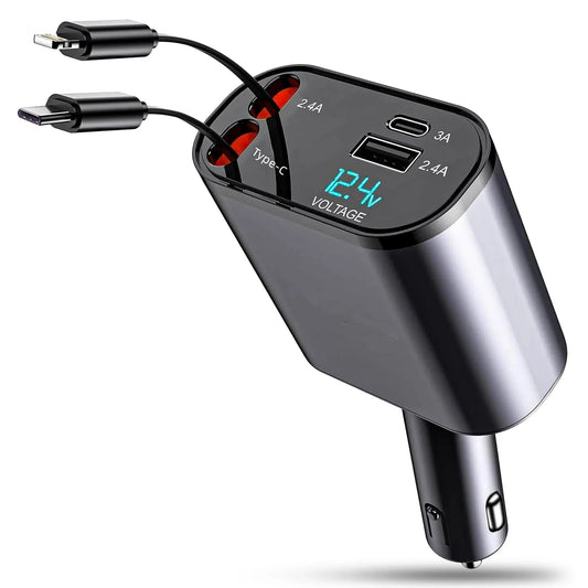 Incarcator auto 100W Super Fast Charge, Timebox, Cablu Retractabil Type-C + Lightning, Mufa USB, USB-C, Afisaj LED, Universal, Negru - 221.ro