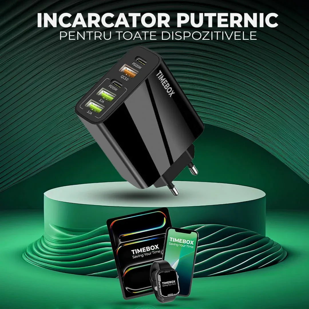 Incarcator Retea, 65W, 5 Porturi, 3 x USB, 2 x Type-C, Negru