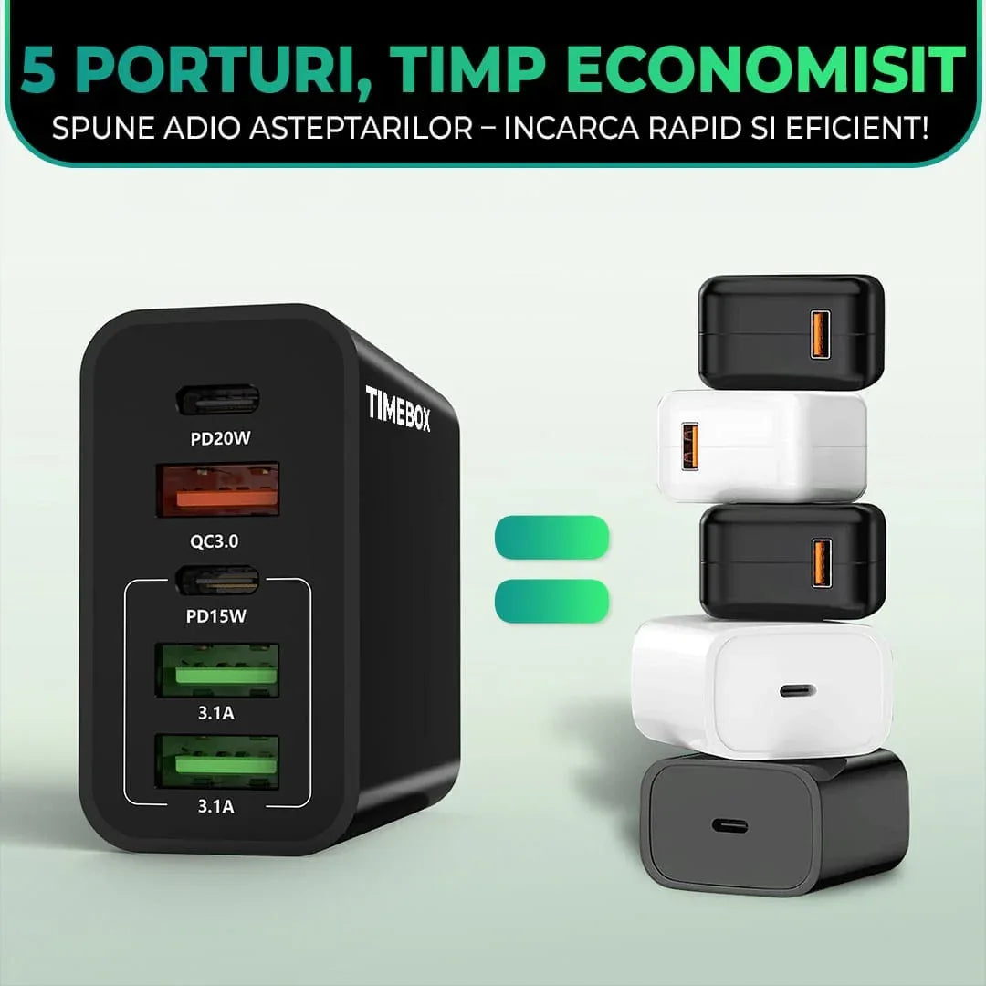 Incarcator Retea, 5 Porturi, 65W, 3 x USB, 2 x Type-C, Negru