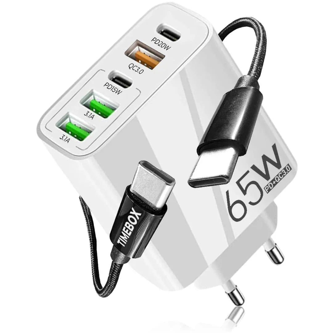 Incarcator Retea, 65W, 5 Porturi, 3 x USB, 2 x Type-C, Alb
