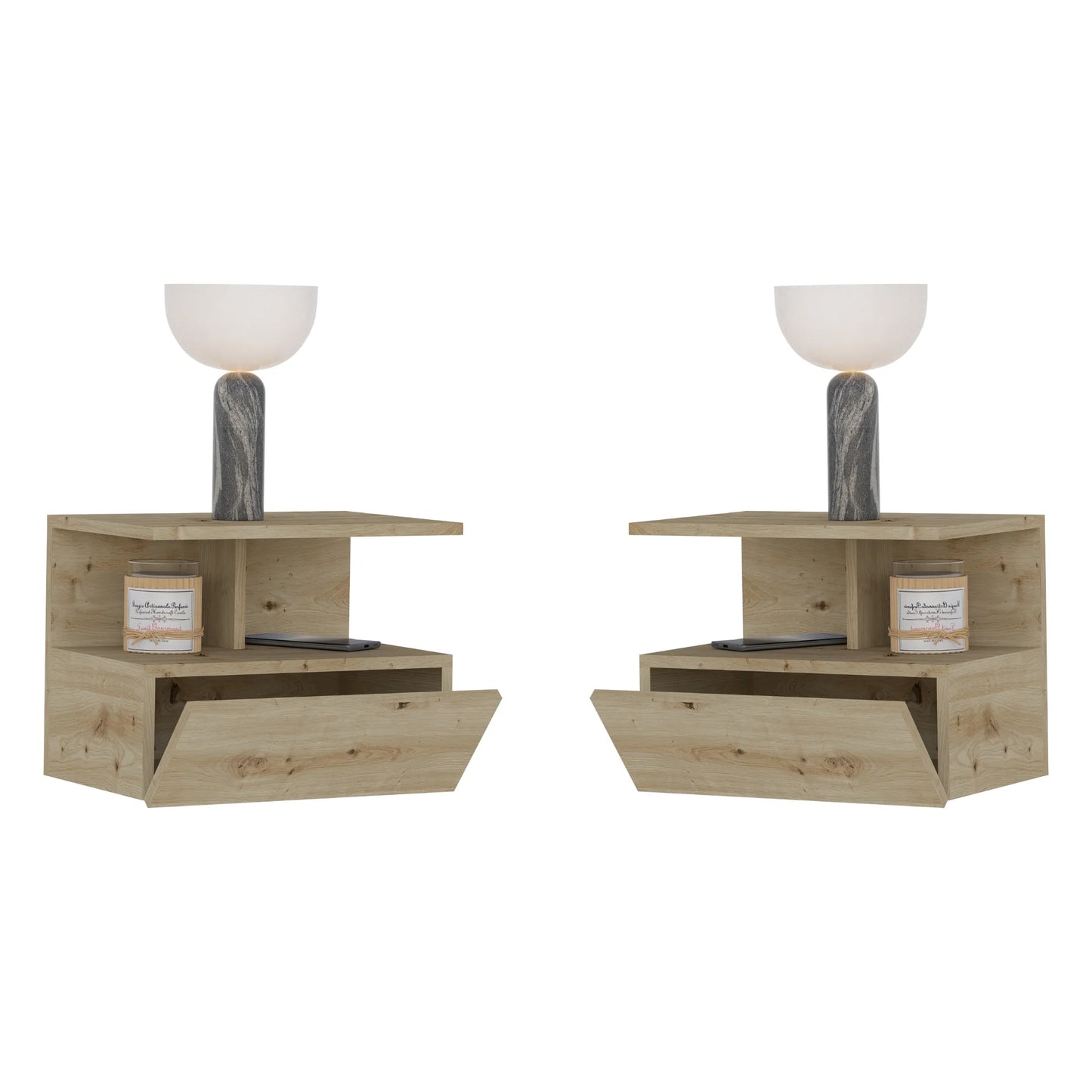 Set 2 Noptiere suspendate Kabi, 1 Usa, Stejar Artisan, 45 x 30 x 34 cm