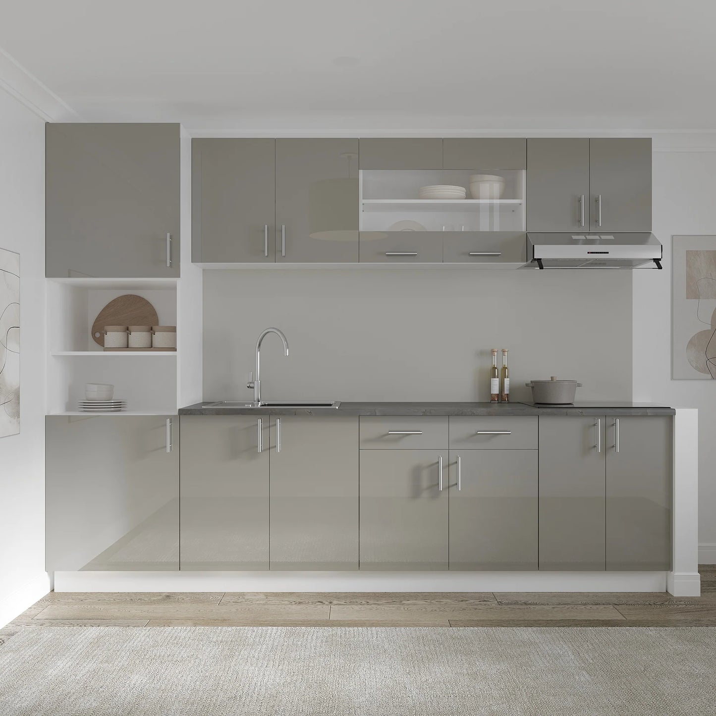 Set Bucatarie haaus Karo V23, Gri Lucios/Alb, MDF, Blat Thermo 28 mm, L 280 cm