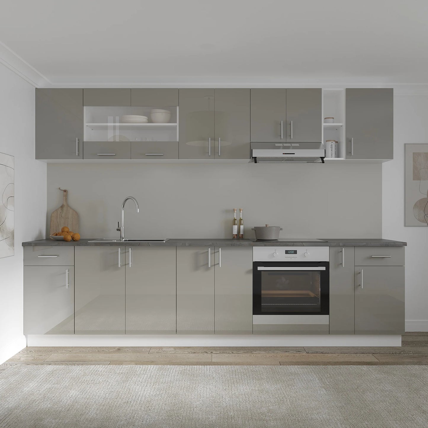 Set Bucatarie haaus Karo V25, Gri Lucios/Alb, MDF, Blat Thermo 28 mm, L 300 cm
