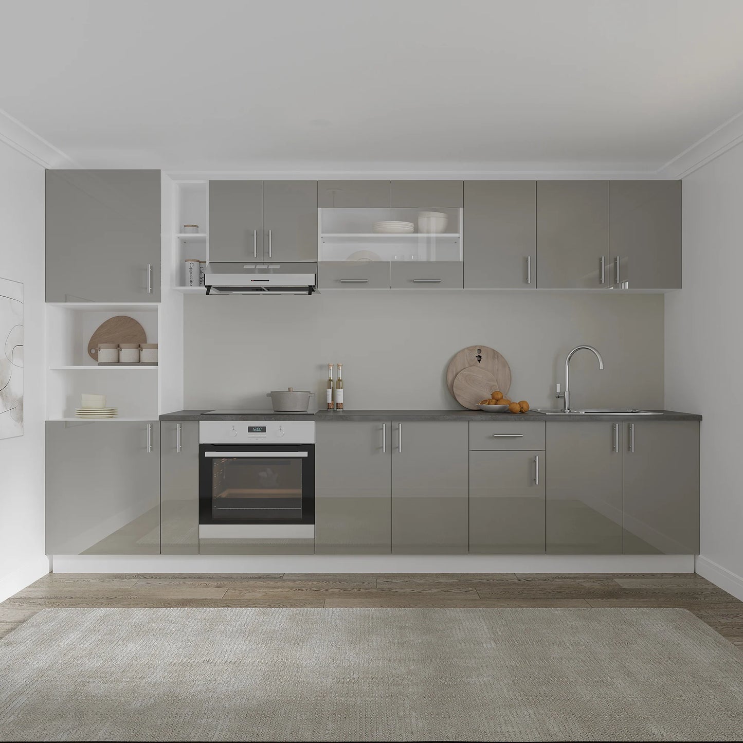 Set Bucatarie haaus Karo V33, Gri Lucios/Alb, MDF, Blat Thermo 28 mm, L 340 cm