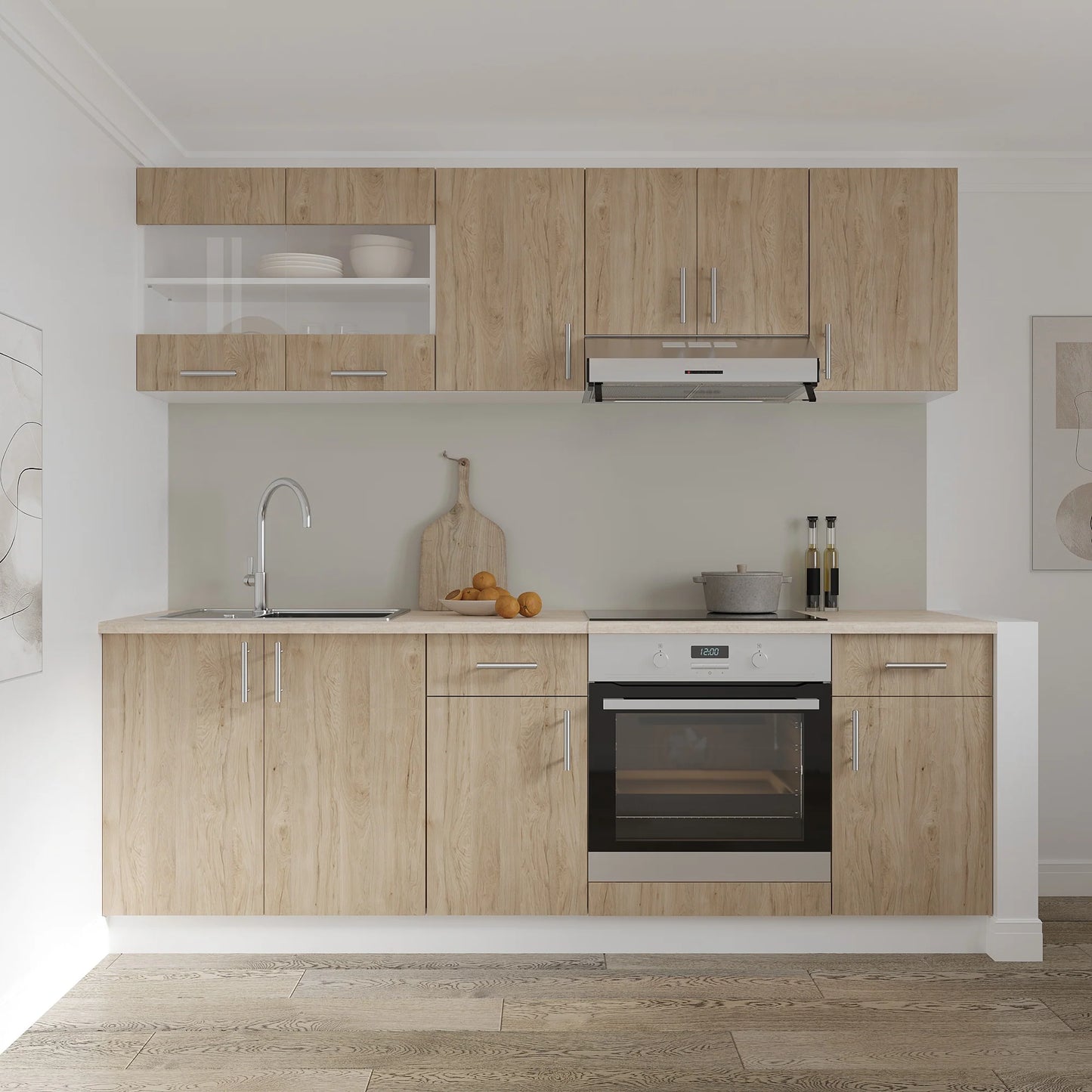Set Bucatarie haaus Karo V13, Lemn Natural/Alb, Blat Thermo 28 mm, L 220 cm
