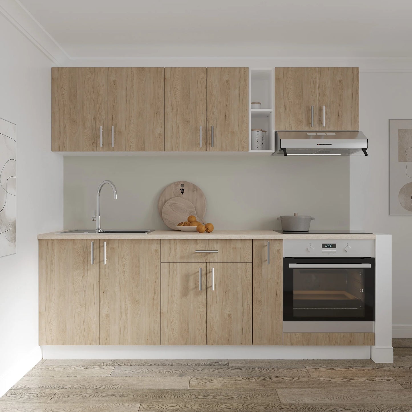 Set Bucatarie haaus Karo V14, Lemn Natural/Alb, Blat Thermo 28 mm, L 220 cm