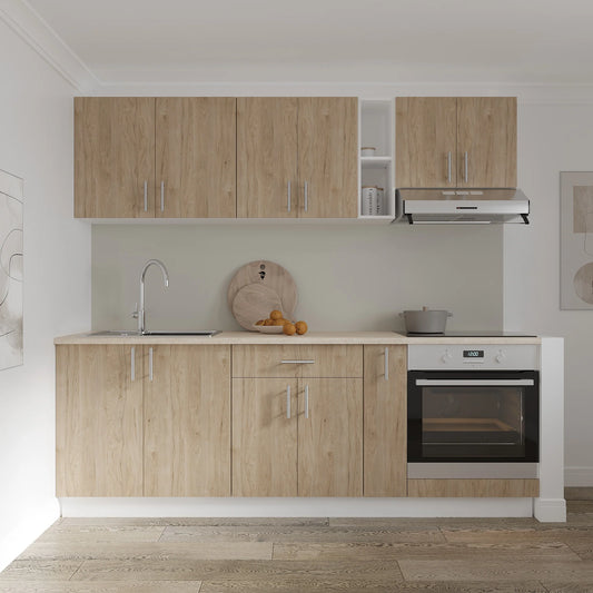 Set Bucatarie haaus Karo V14, Lemn Natural/Alb, Blat Thermo 28 mm, L 220 cm