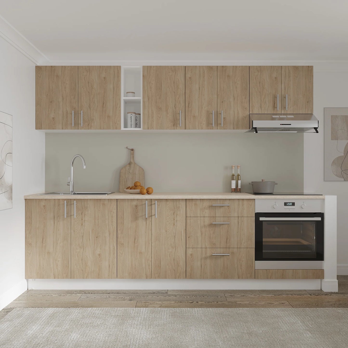 Set Bucatarie haaus Karo V18, Lemn Natural/Alb, Blat Thermo 28 mm, L 260 cm