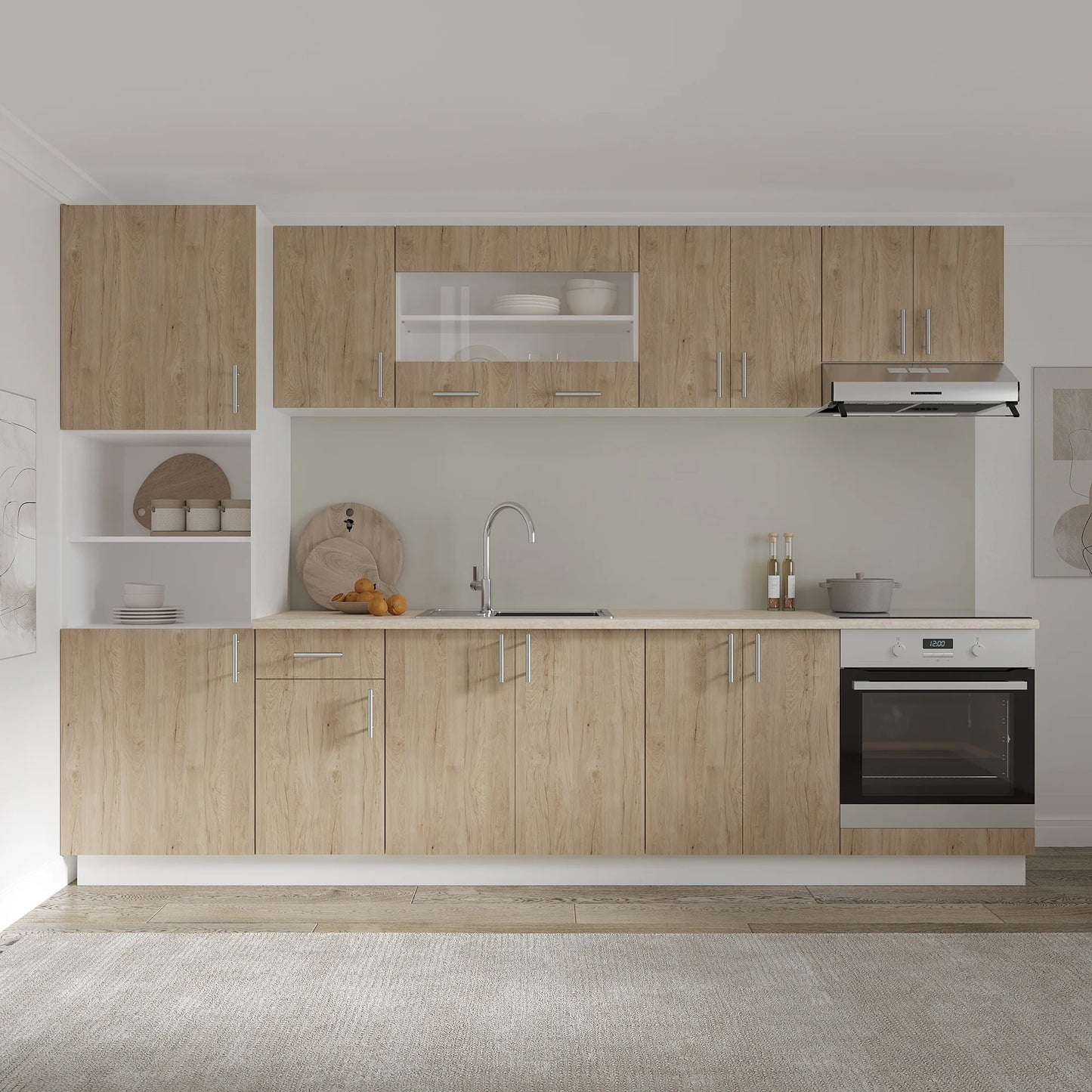 Corp haaus Turn Karo, 2 Usi, cu spatiu cuptor, Lemn Natural/Alb, 60 x 57 x 210 cm