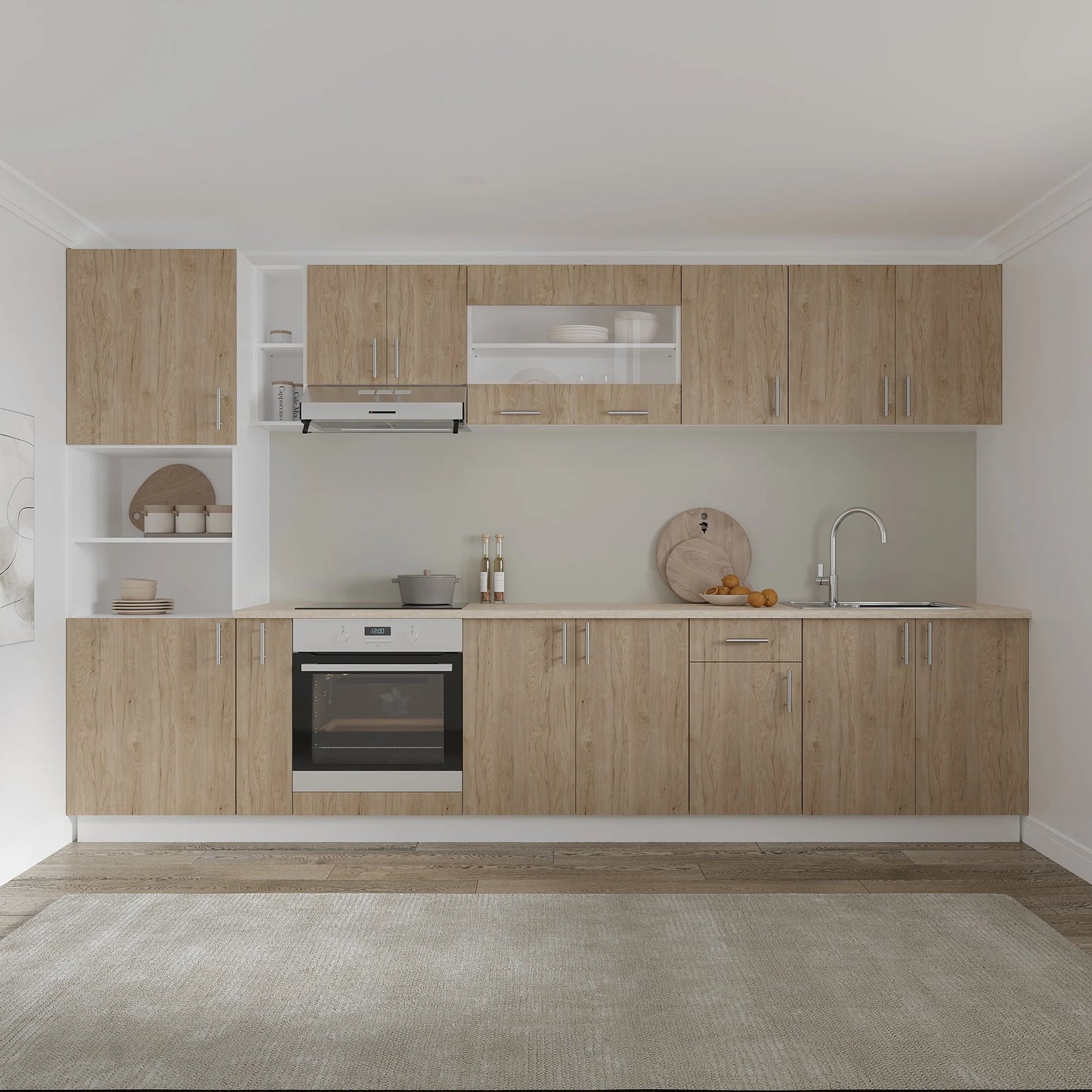 Set Bucatarie haaus Karo V33, Lemn Natural/Alb, Blat Thermo 28 mm, L 340 cm
