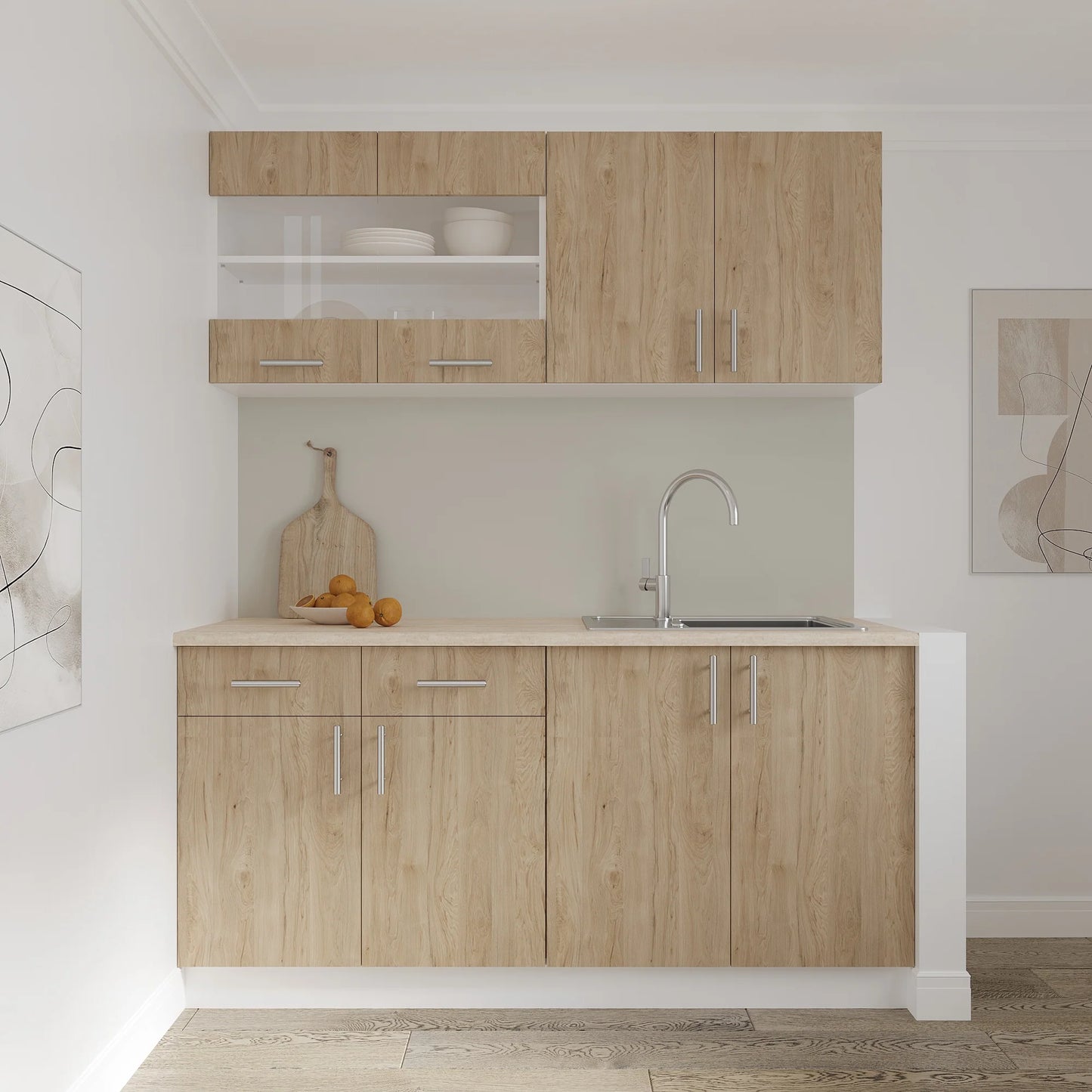 Corp Superior haaus Karo, 2 Usi, cu sticla, Lemn Natural/Alb, 80 x 30 x 60 cm