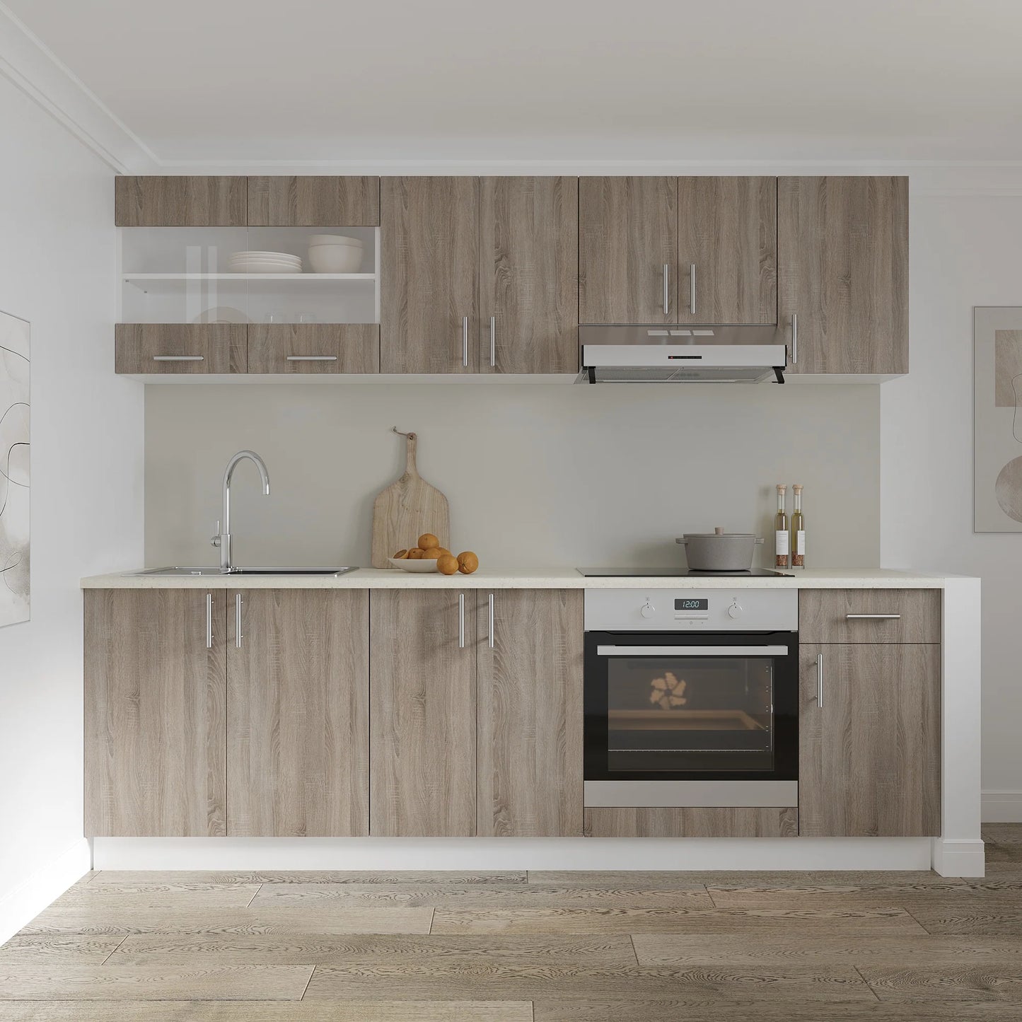 Set Bucatarie haaus Karo V15, Stejar Sonoma Inchis/Alb, Blat Thermo 28 mm, L 240 cm