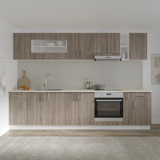Set Bucatarie haaus Karo V25, Stejar Sonoma Inchis/Alb, Blat Thermo 28 mm, L 300 cm