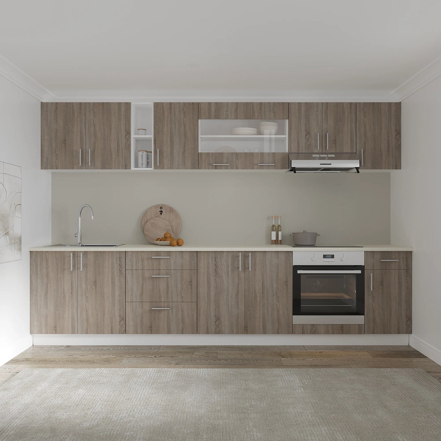 Set Bucatarie haaus Karo V28, Stejar Sonoma Inchis/Alb, Blat Thermo 28 mm, L 320 cm