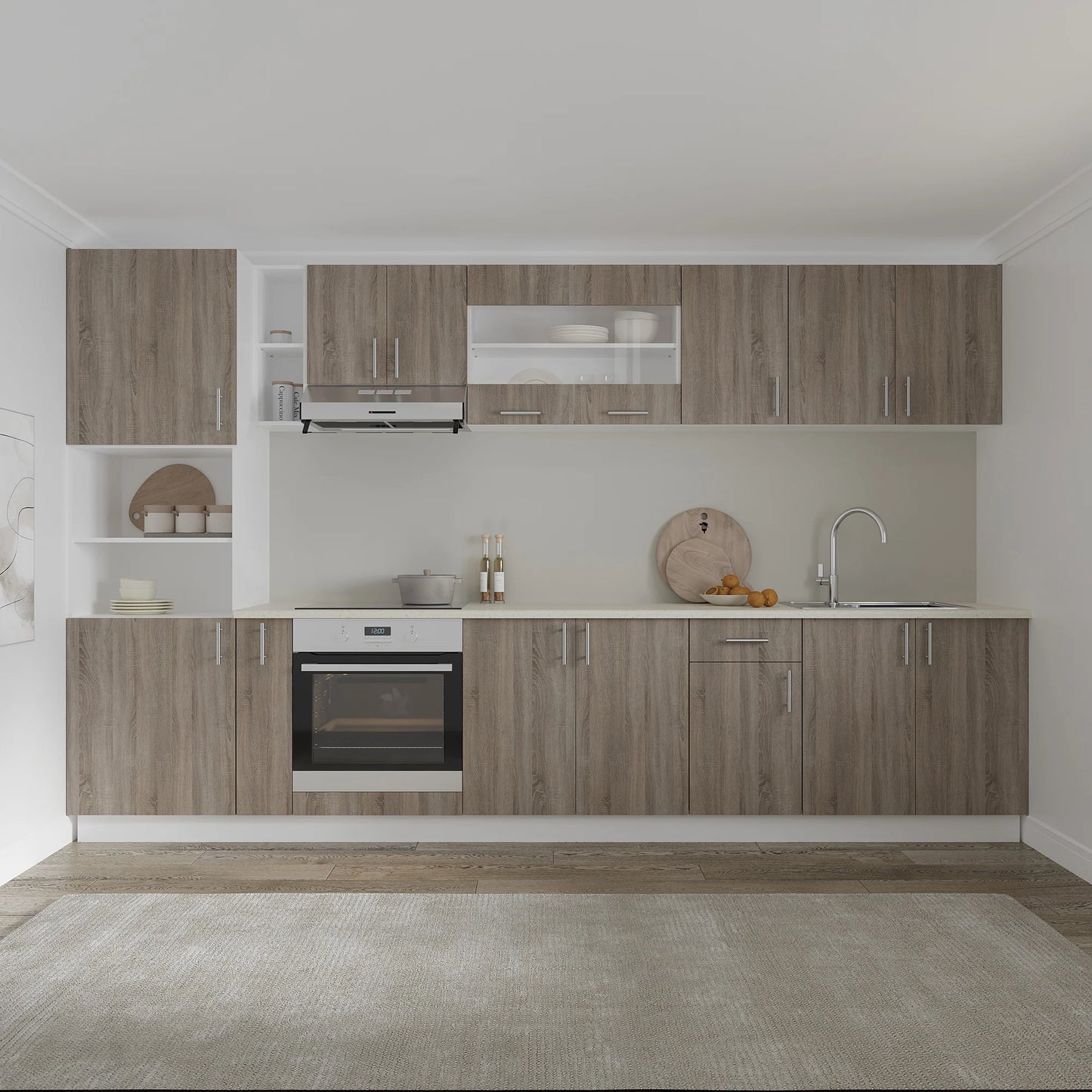Set Bucatarie haaus Karo V33, Stejar Sonoma Inchis/Alb, Blat Thermo 28 mm, L 340 cm