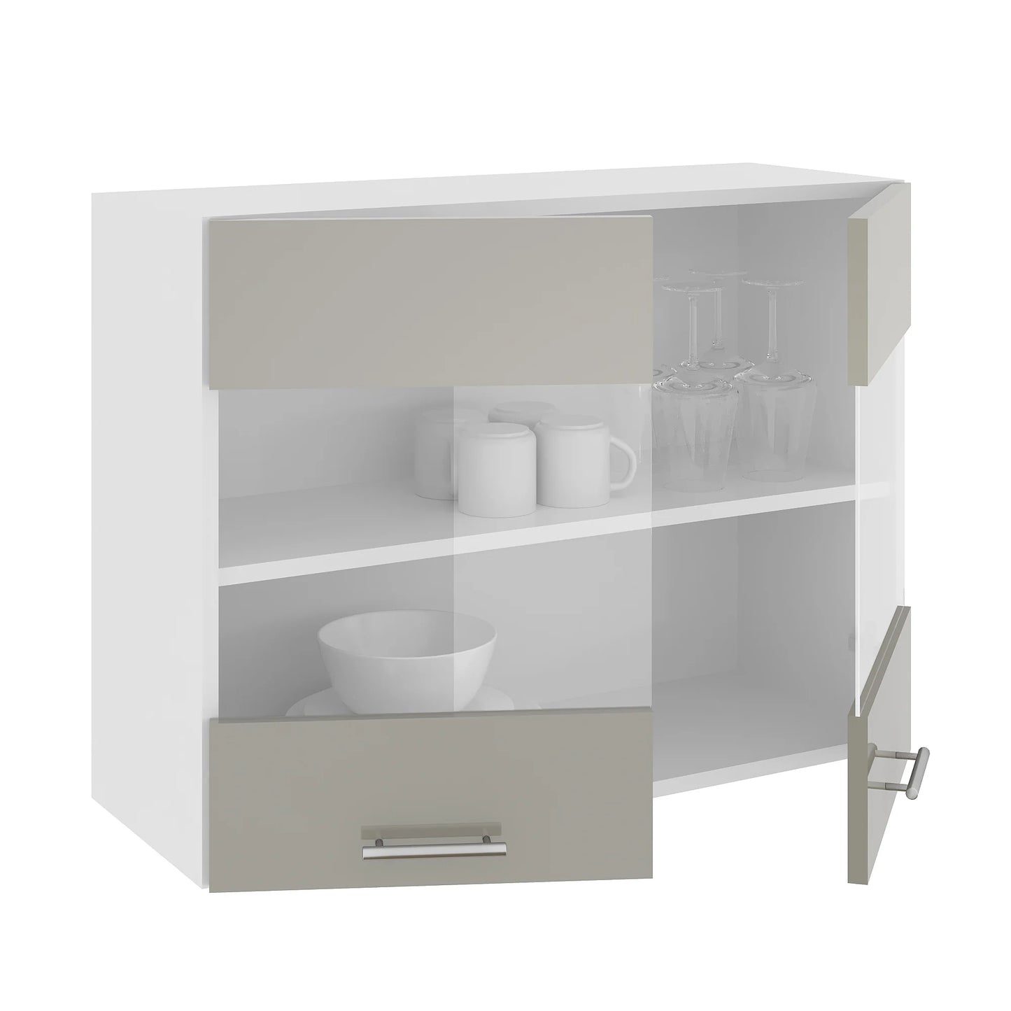 Corp Superior haaus Karo, 2 Usi, cu sticla, Gri Lucios/Alb, MDF, 80 x 30 x 60 cm