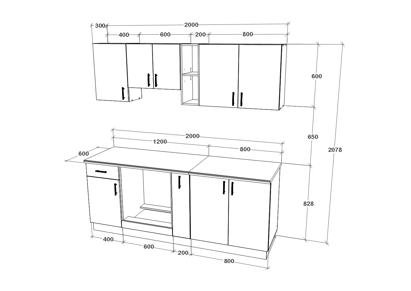 Set Bucatarie haaus Karo V11, Stejar Sonoma Inchis/Alb, Blat Thermo 28 mm, L 200 cm