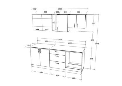 Set Bucatarie haaus Karo V12, Gri Lucios/Alb, MDF, Blat Thermo 28 mm, L 200 cm