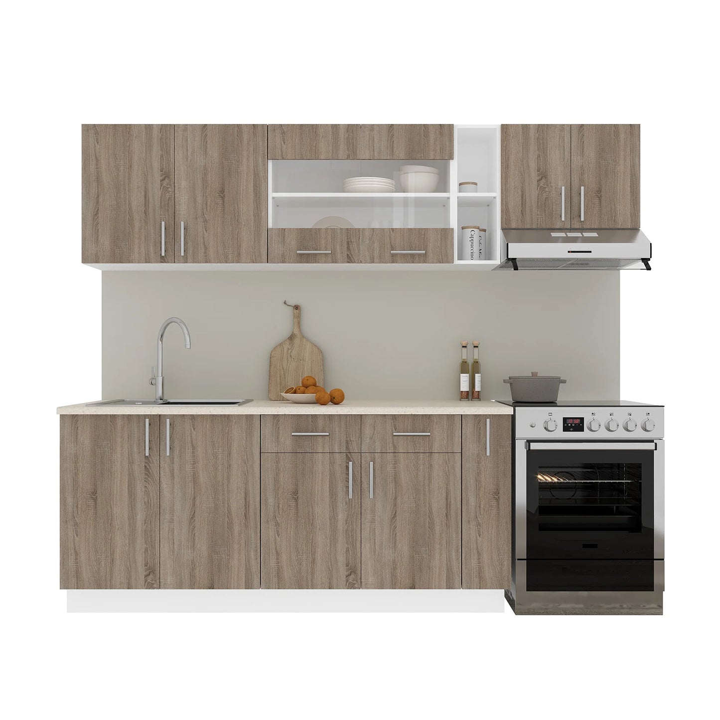 Set Bucatarie haaus Karo V16, Stejar Sonoma Inchis/Alb, Blat Thermo 28 mm, L 240 cm