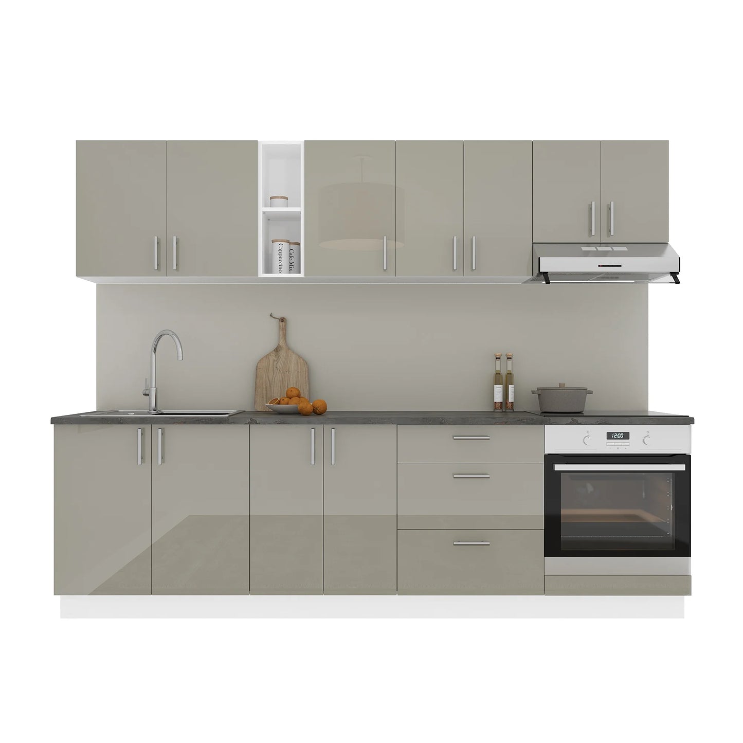 Set Bucatarie haaus Karo V18, Gri Lucios/Alb, MDF, Blat Thermo 28 mm, L 260 cm