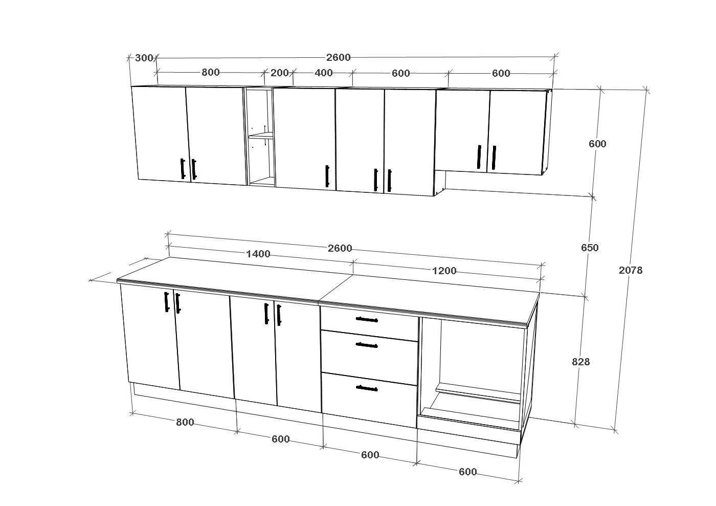 Set Bucatarie haaus Karo V18, Lemn Natural/Alb, Blat Thermo 28 mm, L 260 cm