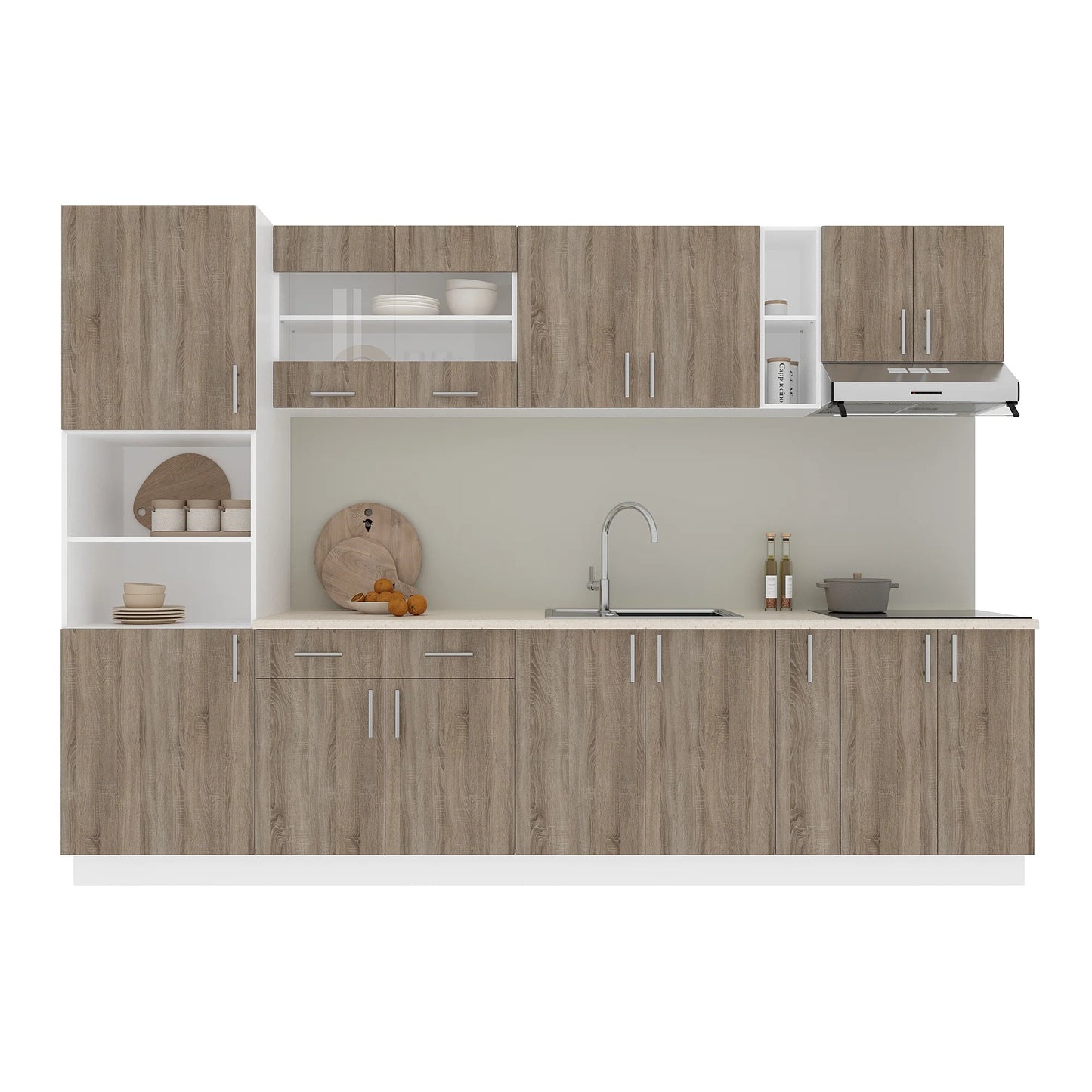 Set Bucatarie haaus Karo V26, Stejar Sonoma Inchis/Alb, Blat Thermo 28 mm, L 300 cm